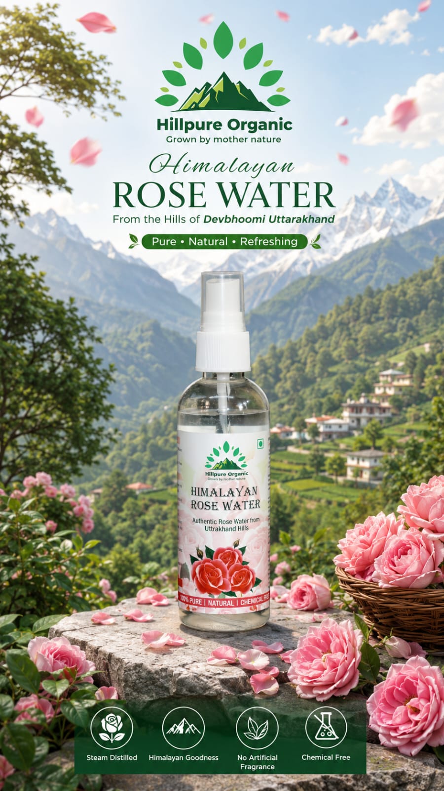 Hillpure Organic Himalayan Rose Water | 100% Pure Natural Face Toner & Floral Mist from Uttarakhand