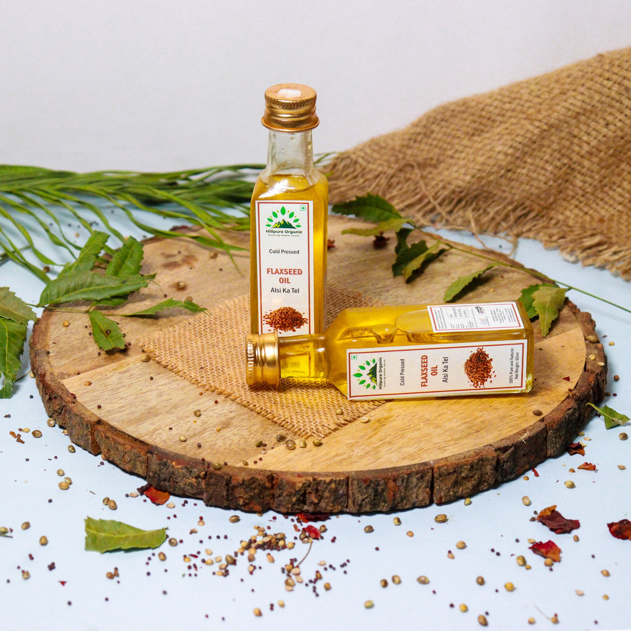 Hillpure Organic Premium Cold Pressed Flaxseed Oil,100% Pure & Natural, Edible Flaxseed Oil, Alsi Seed Oil, For Face, Hair & Body (65 + 65 ml Glass Bottle), Pack of 2